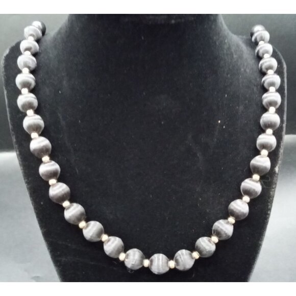 Gray Satin Silk Thread Beaded Necklace Vintage 1980s Korea 29 In Fashion Jewelry - Picture 3 of 14